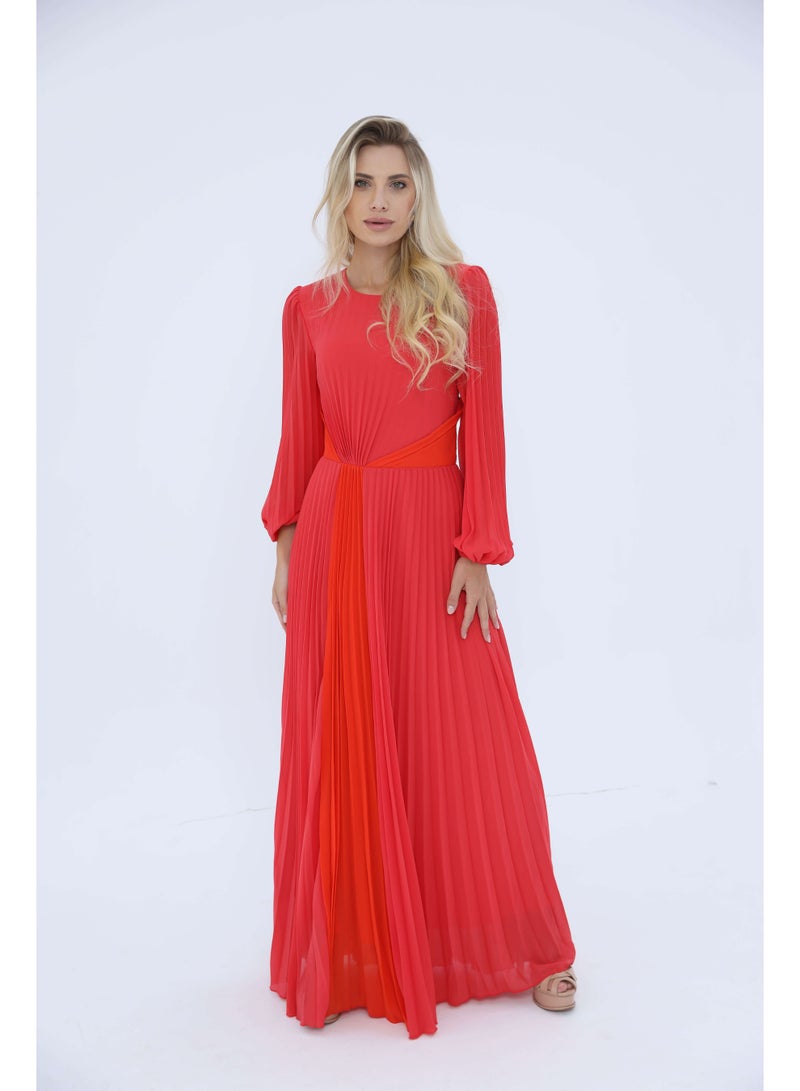 2TRENDY Women's Pleated Maxi Dress with Long Sleeves – Coral - Image 2
